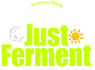A centered neon yellow-green logo reading 'Just Ferment' on a solid black background, with a small white crescent moon icon on the left and a small orange sun icon replacing the letter O. The words 'Goodness Rising' appear above in a smaller matching neon yellow-green font.