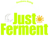 A centered neon yellow-green logo reading 'Just Ferment' on a solid black background, with a small white crescent moon icon on the left and a small orange sun icon replacing the letter O. The words 'Goodness Rising' appear above in a smaller matching neon yellow-green font.